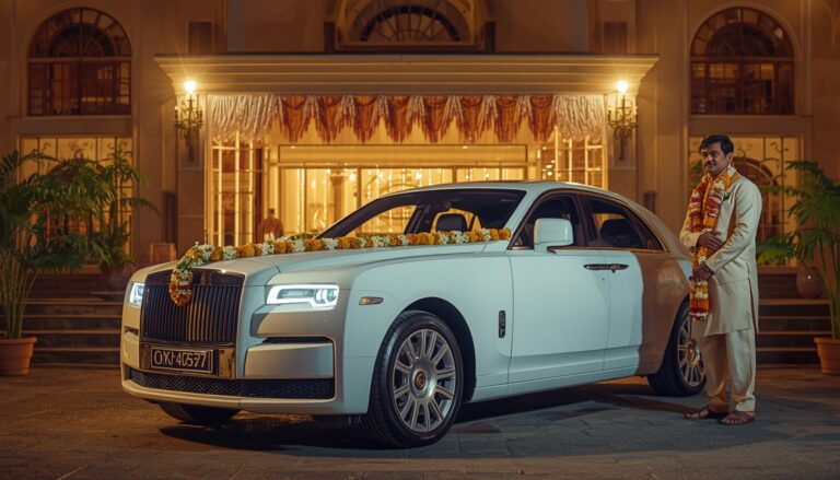 Premium decorated wedding car with a professional chauffeur outside a marriage venue in Kochi Kerala.