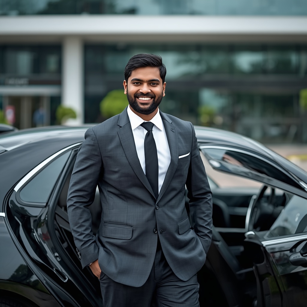 Professional corporate call driver in a suit standing with a luxury sedan at Infopark Kochi, Ernakulam.