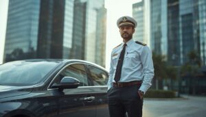 Professional corporate driver in a white uniform standing next to an executive sedan at Infopark Kakkanad Kochi.