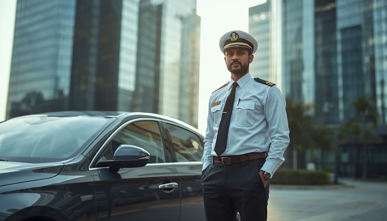 Professional corporate driver in a white uniform standing next to an executive sedan at Infopark Kakkanad Kochi.