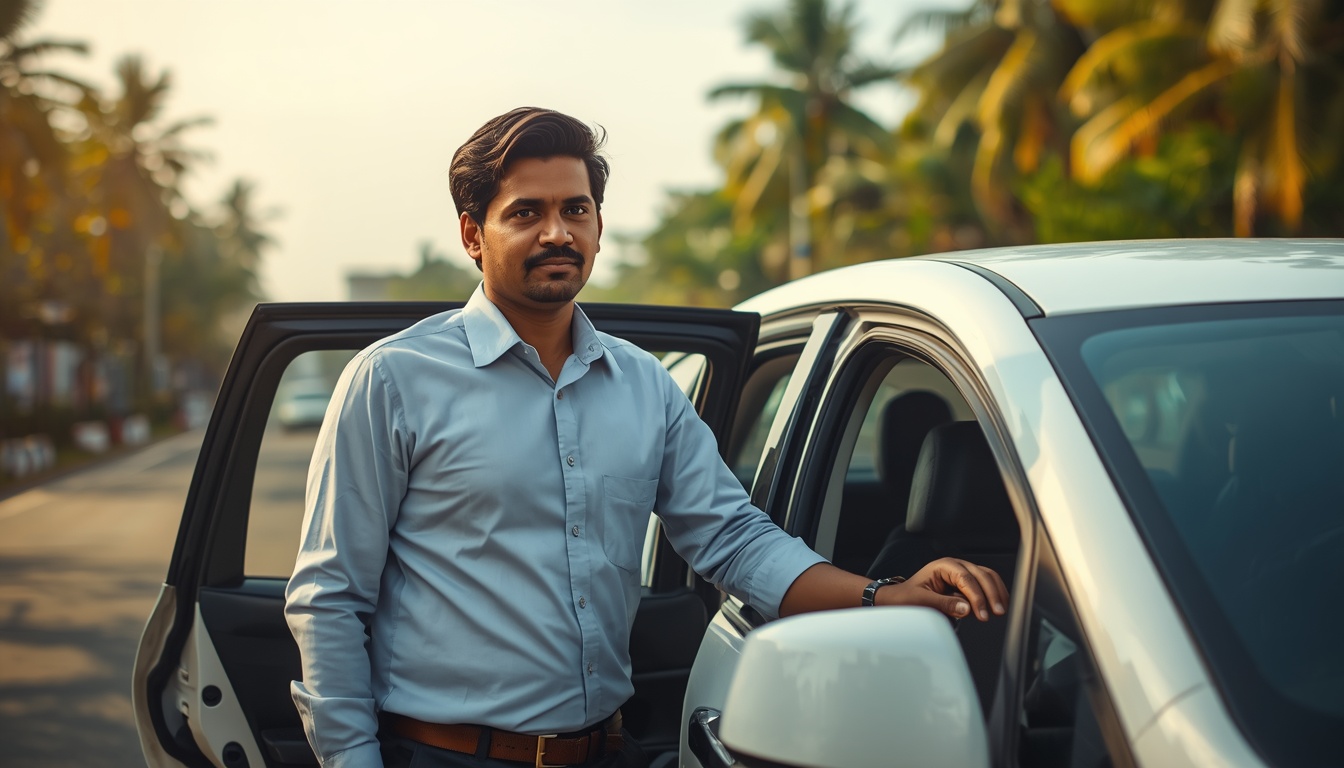 Professional hourly call driver standing next to a car near Vytila Junction in Kochi Ernakulam.