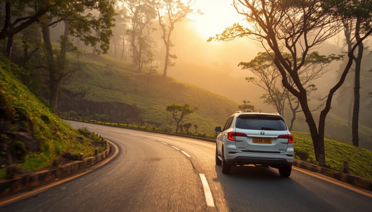 Reliable outstation driver hire service navigating a car through a scenic mountain road from Ernakulam to Munnar.